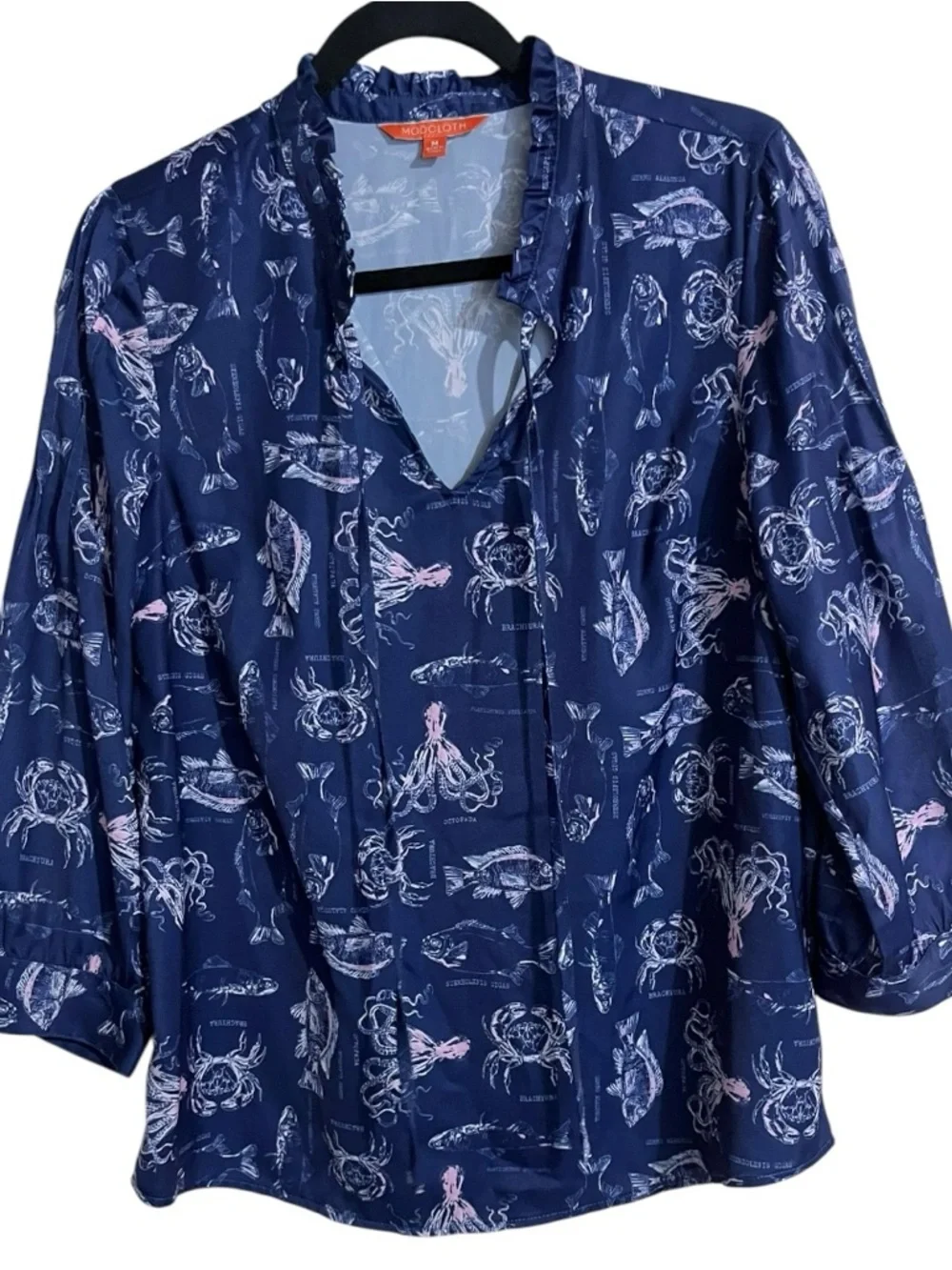 ModCloth Coastal Ocean Novelty Beach Print Long Balloon Sleeve Blouse Top Medium